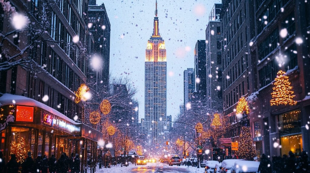 New York City view of the Empire State Building in winter.